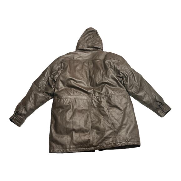 Vintage All American Men's Brown Leather Down Long Hooded Zip Coat Size Large - Picture 2 of 13